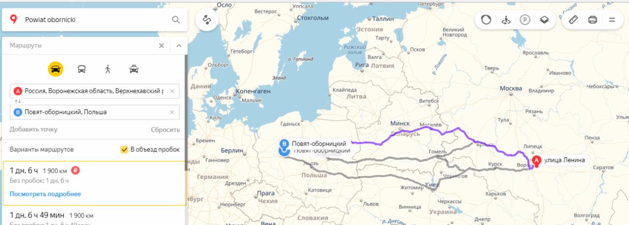 Mapa trasy samochodowej z Rosji (Woroneż) do Polski (Powiat Obornicki), z zaznaczonymi wariantami objazdu korków.