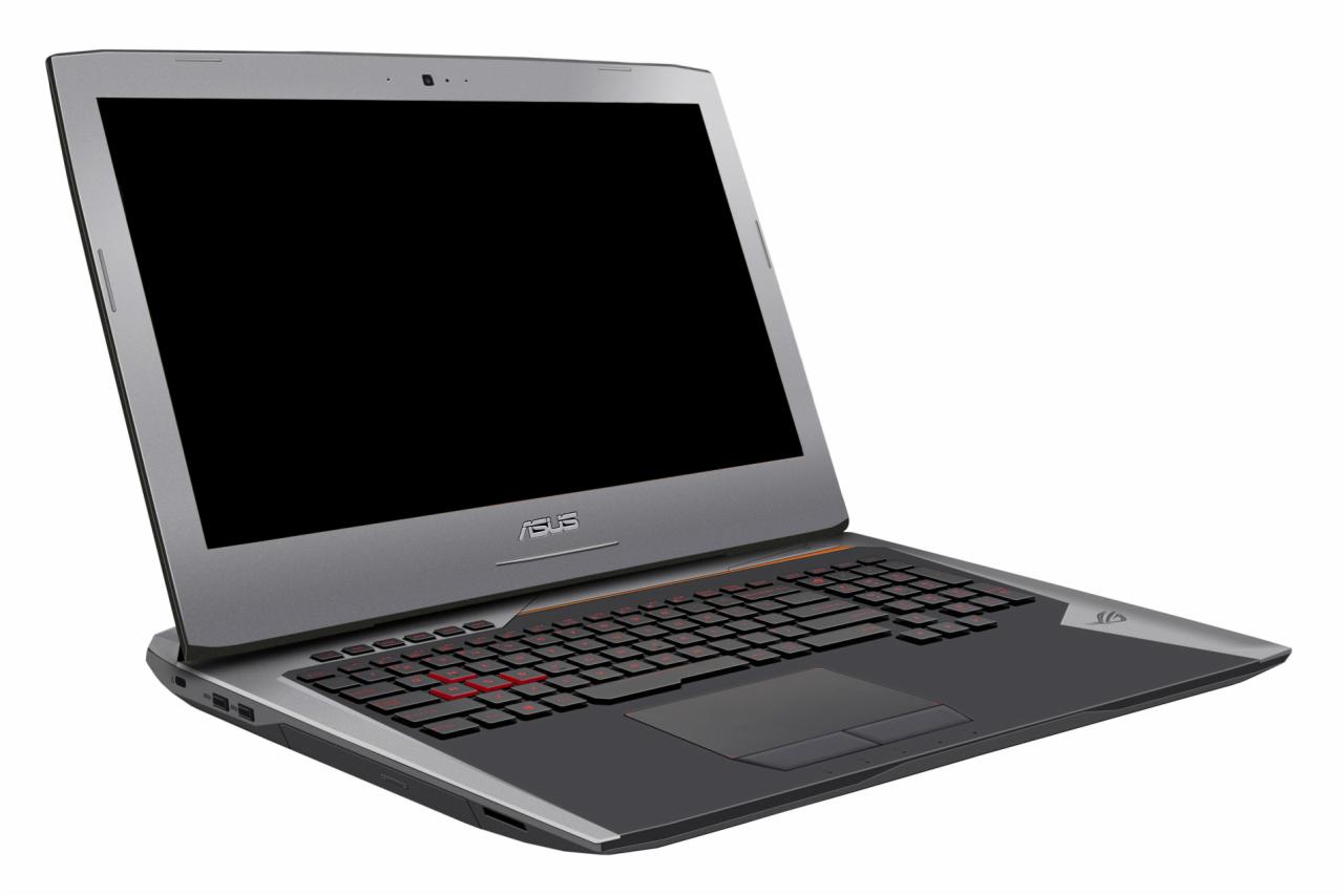 Otwarty laptop ASUS ROG z czarnym ekranem, podświetlaną czerwoną klawiaturą i srebrną obudową, widoczny z perspektywy lekko z góry.