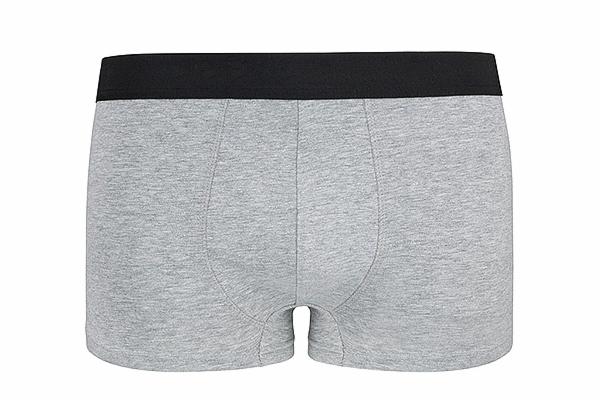 Szare bokserki męskie z czarną gumą w pasie, leżące płasko na białym tle, widoczne z przodu.