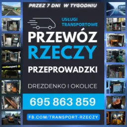 Kompozycja zdjęć przedstawiająca różnorodne przedmioty przewożone w busach dostawczych, otoczona hasłami reklamowymi i danymi kontaktowymi firmy oferującej usługi transportowe i przeprowadzkowe...