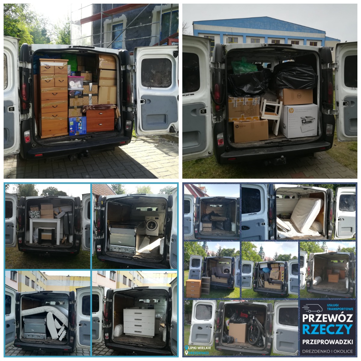 Kolaż zdjęć z wnętrz busów załadowanych różnymi przedmiotami, w tym meblami, kartonami i sprzętem AGD, sugerujący przygotowania do transportu lub przeprowadzki.