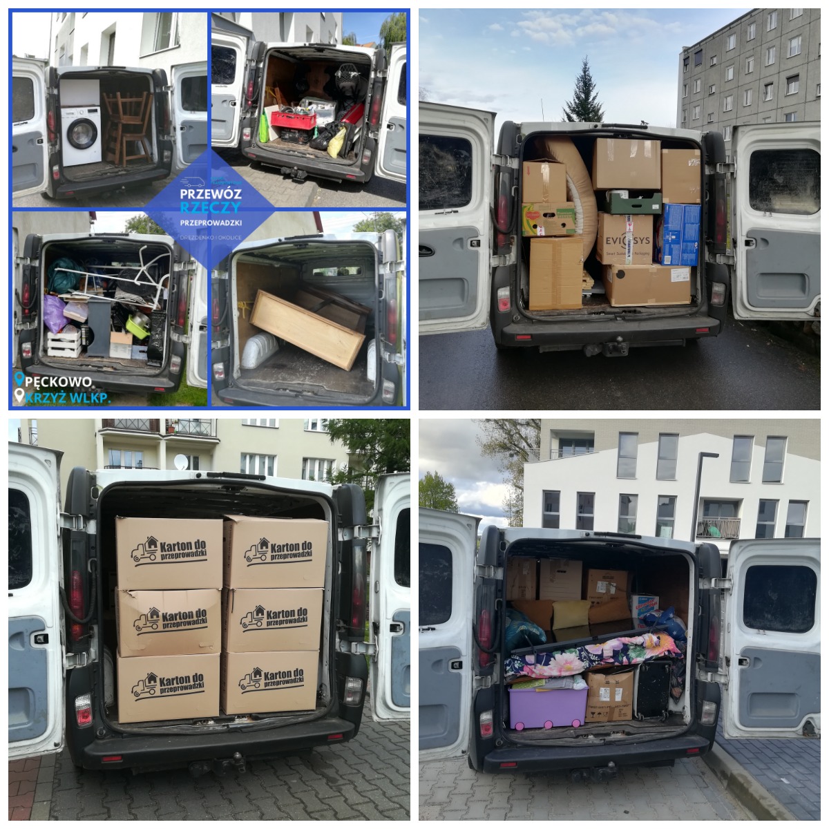 Kolaż zdjęć wnętrza i przestrzeni ładunkowej białego busa dostawczego z otwartymi drzwiami, ukazującego załadunek różnorodnych przedmiotów, w tym kartonów z napisem 'Karton do przeprowadzki', mebli...