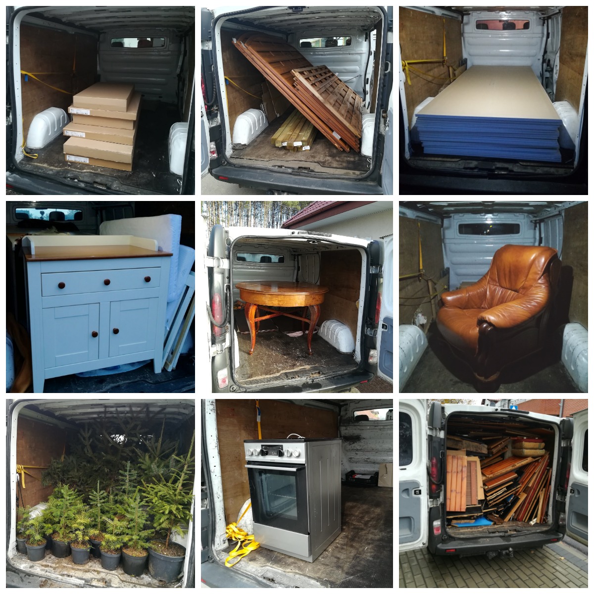 Wnętrze busa z różnorodnym ładunkiem: kartony, meble (komoda, stół, fotel), drzewka w doniczkach, płyty, piekarnik, elementy drewniane