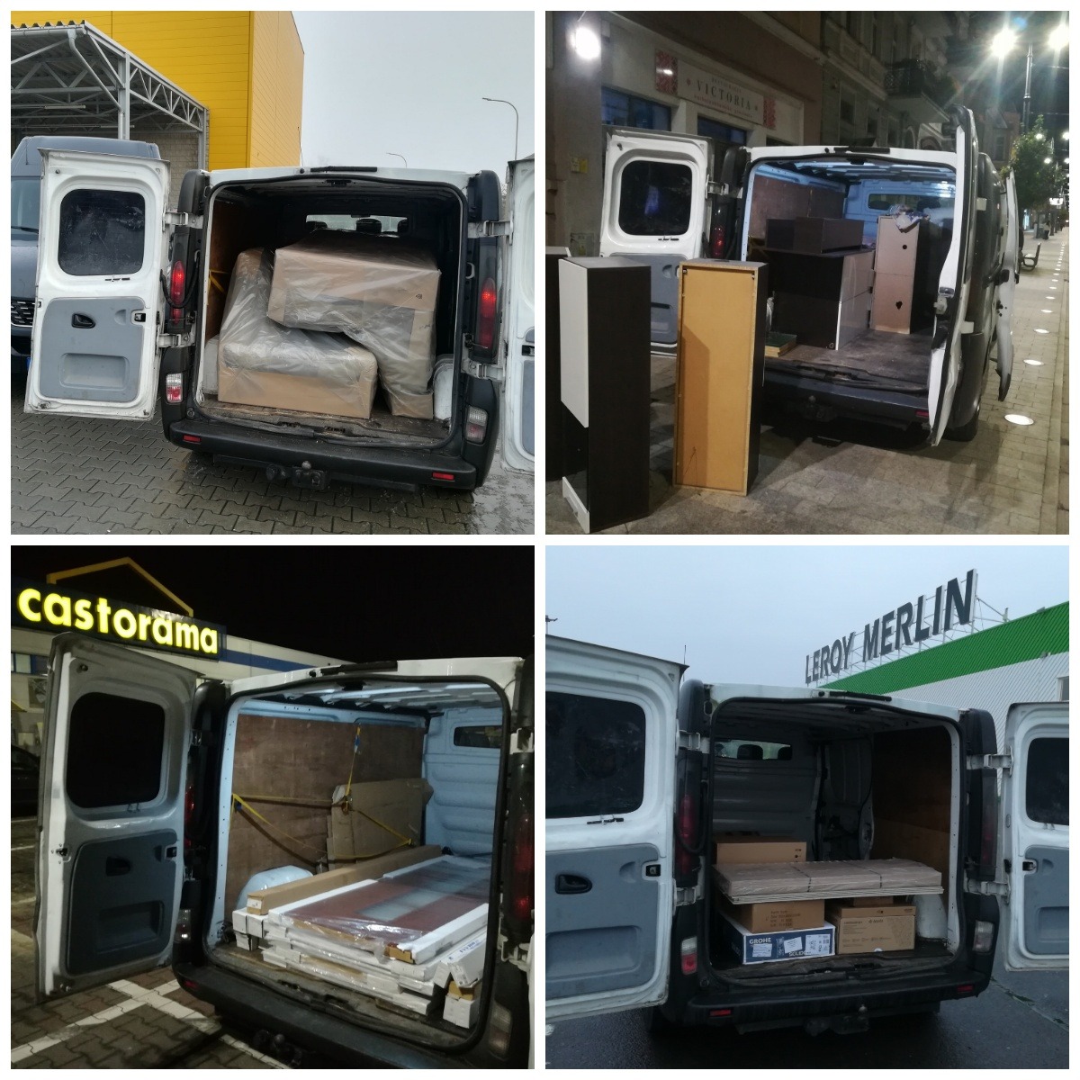 Kolaż czterech zdjęć przedstawiających wnętrza busów z otwartymi drzwiami bagażnika, załadowanych różnymi towarami: meblami w folii, szafkami, drzwiami i opakowaniami kartonowymi, z widocznymi...