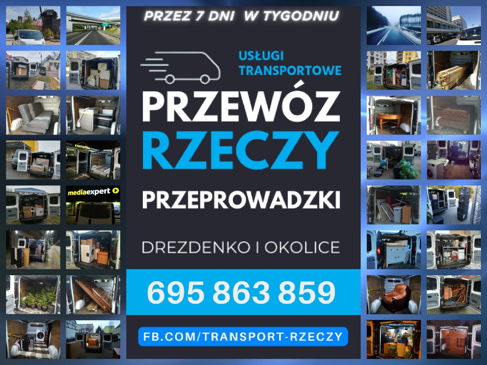 Kompozycja zdjęć przedstawiająca różnorodne przedmioty przewożone w busach dostawczych, otoczona hasłami reklamowymi i danymi kontaktowymi firmy oferującej usługi transportowe i przeprowadzkowe...
