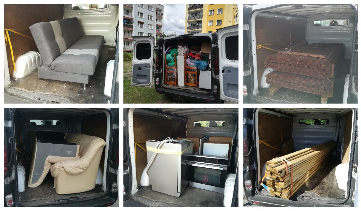 Kolaż zdjęć przedstawiających wnętrze busa z różnymi ładunkami: rozkładana sofa, meble i paczki, deski i drewniane słupki zabezpieczone pasami, sprzęt AGD. Widoczne otwarte tylne drzwi busa na tle...