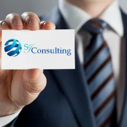 Mężczyzna w garniturze trzyma wizytówkę z logo 'SJ Consulting' na jasnym tle.