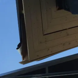 Fragment konstrukcji drewnianej, prawdopodobnie zadaszenia, widziany od dołu na tle błękitnego nieba, z widocznymi elementami metalowej ramy.