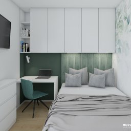 Mieszkanie 03 - sypialnia z wezłowiem tapicerowanym i zabudową meblową