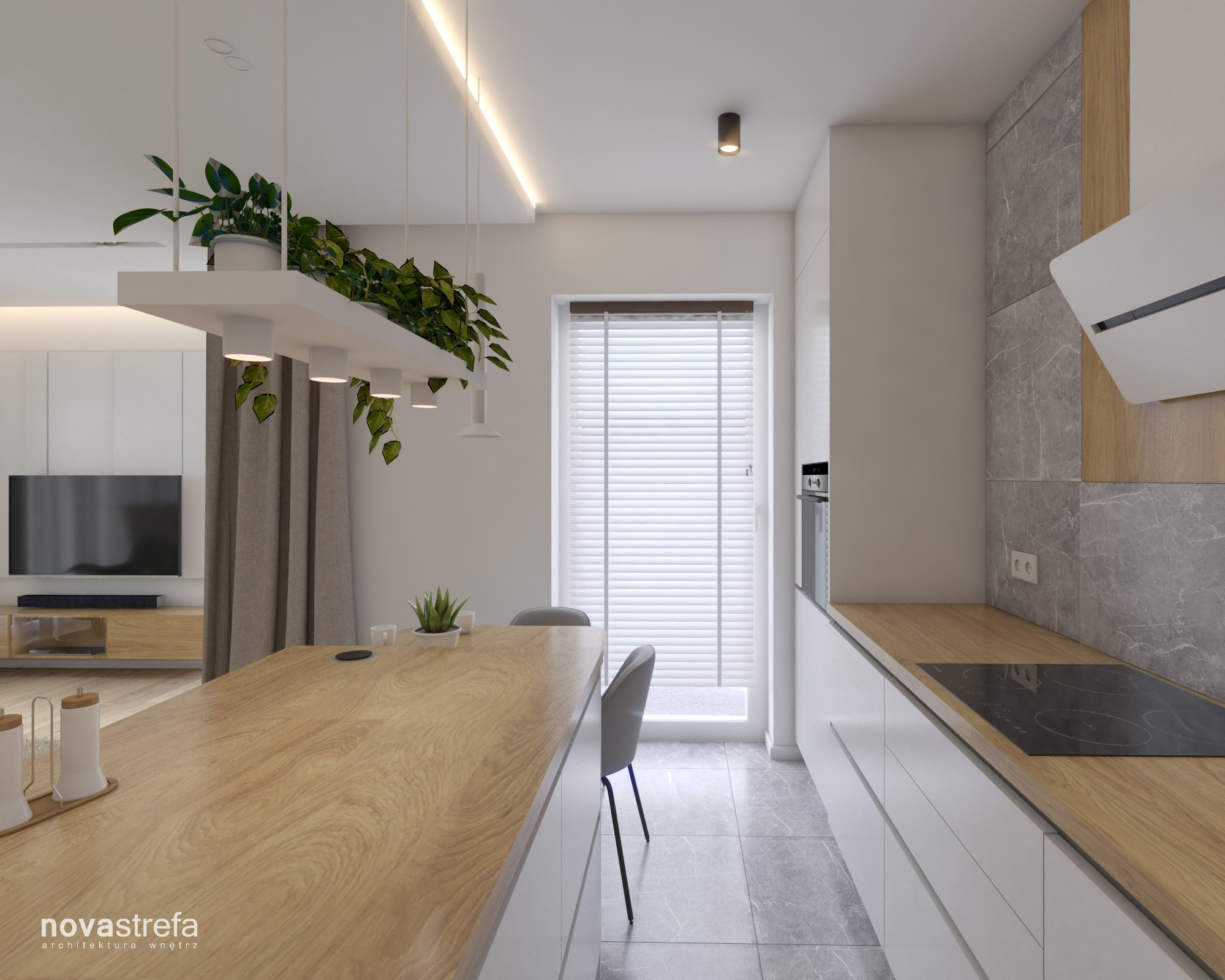Nowoczesna kuchnia z wyspą i roślinami wiszącymi, białe szafki, drewniany blat, marmurowe płytki na ścianie, okno z żaluzjami.