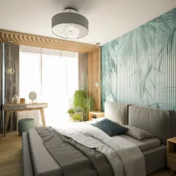 Jasna sypialnia w stylu skandynawskim z łóżkiem, toaletką, roślinami doniczkowymi i tapetą w motywy roślinne, oświetlona naturalnym światłem.