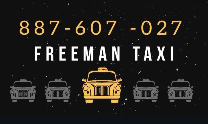 Reklama Freeman Taxi z numerem telefonu 887-607-027, przedstawiająca stylizowane żółte i szare taksówki na ciemnym tle z efektem rozproszonych kropek.