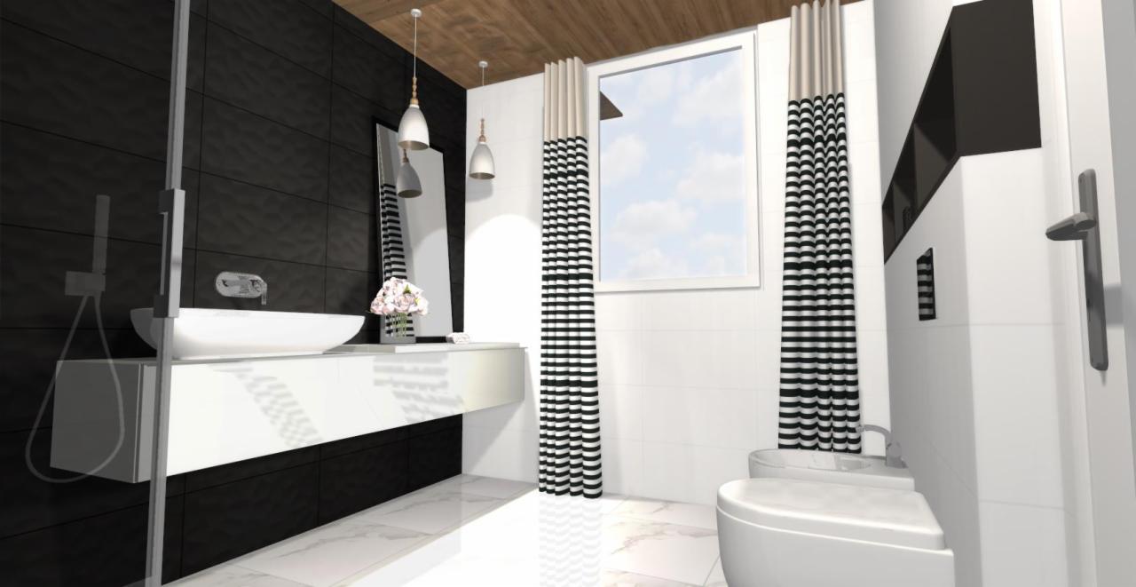 Wizualizacja nowoczesnej łazienki z czarno-białymi akcentami, wiszącą umywalką na białym blacie, czarnymi płytkami na ścianie, marmurową podłogą i zasłoną w czarno-białe pasy przy oknie.