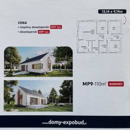 GrAnt - Projekt domu z dachem dwuspadowym i dużymi oknami, widok z zewnątrz na tle zielonego trawnika i drzew, obok rzut parteru z wymiarami pomieszczeń, cena deweloperska 489 tys. zł.