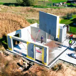 Montaż ścian domu modułowego na fundamencie z użyciem dźwigu. Widoczni pracownicy w kaskach i kamizelkach. W tle pole i zabudowania.