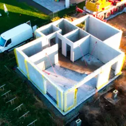 Budowa domu z betonu komórkowego, widok z drona na fundamenty i ściany parteru, z żółtą izolacją. Obok dźwig i biały bus.