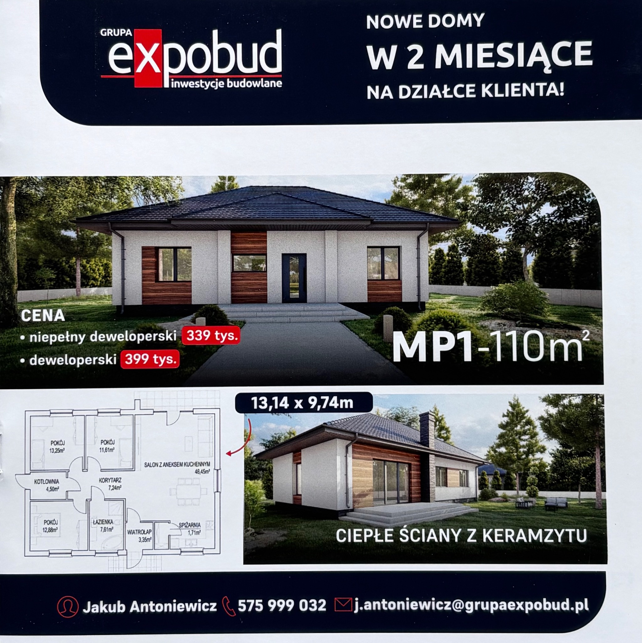 Projekt domu z keramzytu z wizualizacją elewacji, rzutem parteru i informacjami o cenie, prezentowany na folderze reklamowym firmy Expobud.