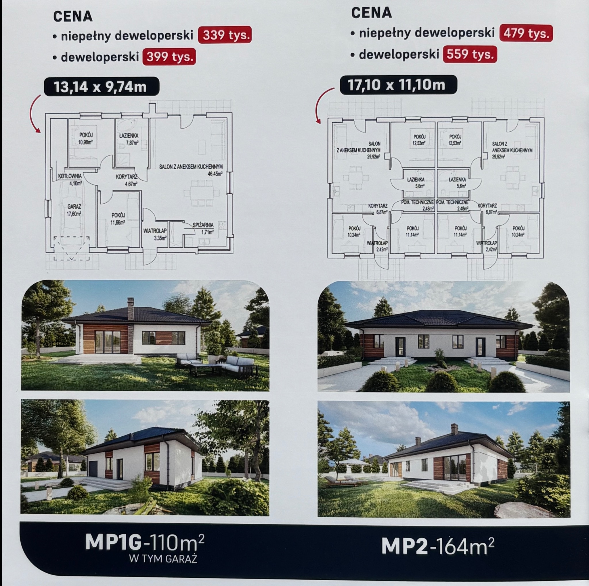 Zestawienie wizualizacji i planów dwóch parterowych domów z ciemnymi dachami, białymi ścianami i elementami drewnianymi, otoczonych zielenią, wraz z informacjami o powierzchni i cenie.