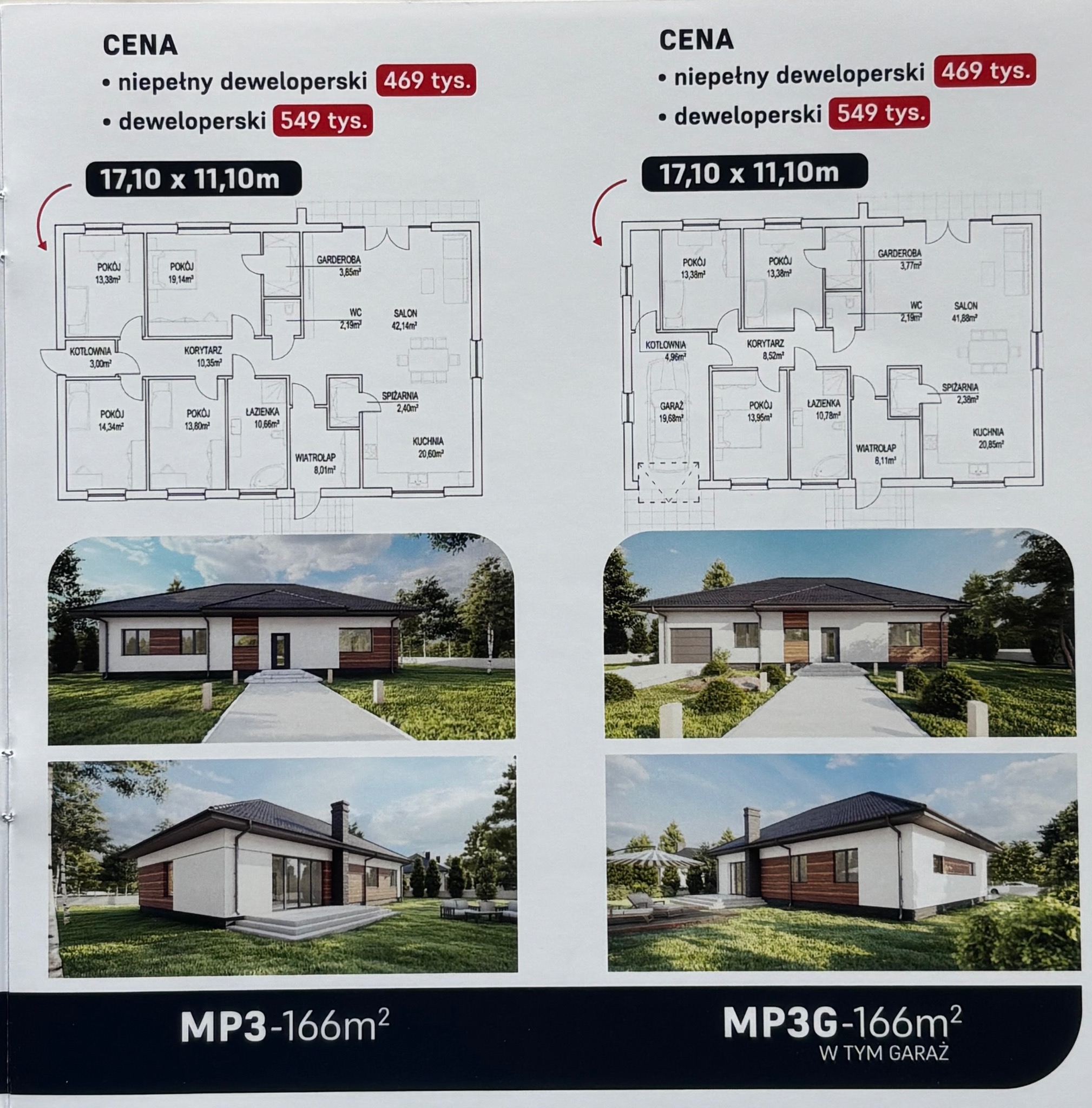 Katalogowy widok elewacji parterowego domu z ciemnym dachem, białymi ścianami i drewnianymi akcentami, prezentowany wraz z rzutem architektonicznym i orientacyjnymi cenami.