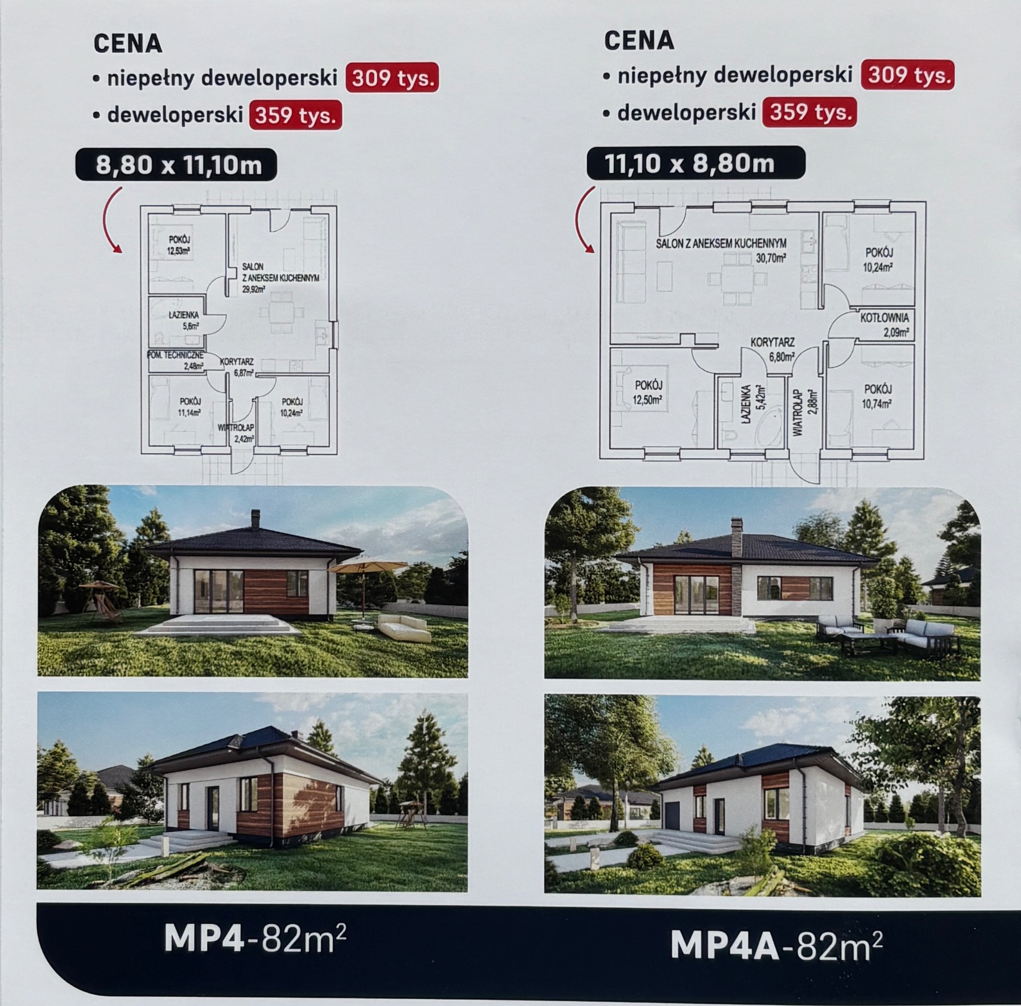 Zestawienie planów i wizualizacji parterowego domu z białymi ścianami i drewnianą okładziną, prezentowane z aranżacją ogrodu i meblami.