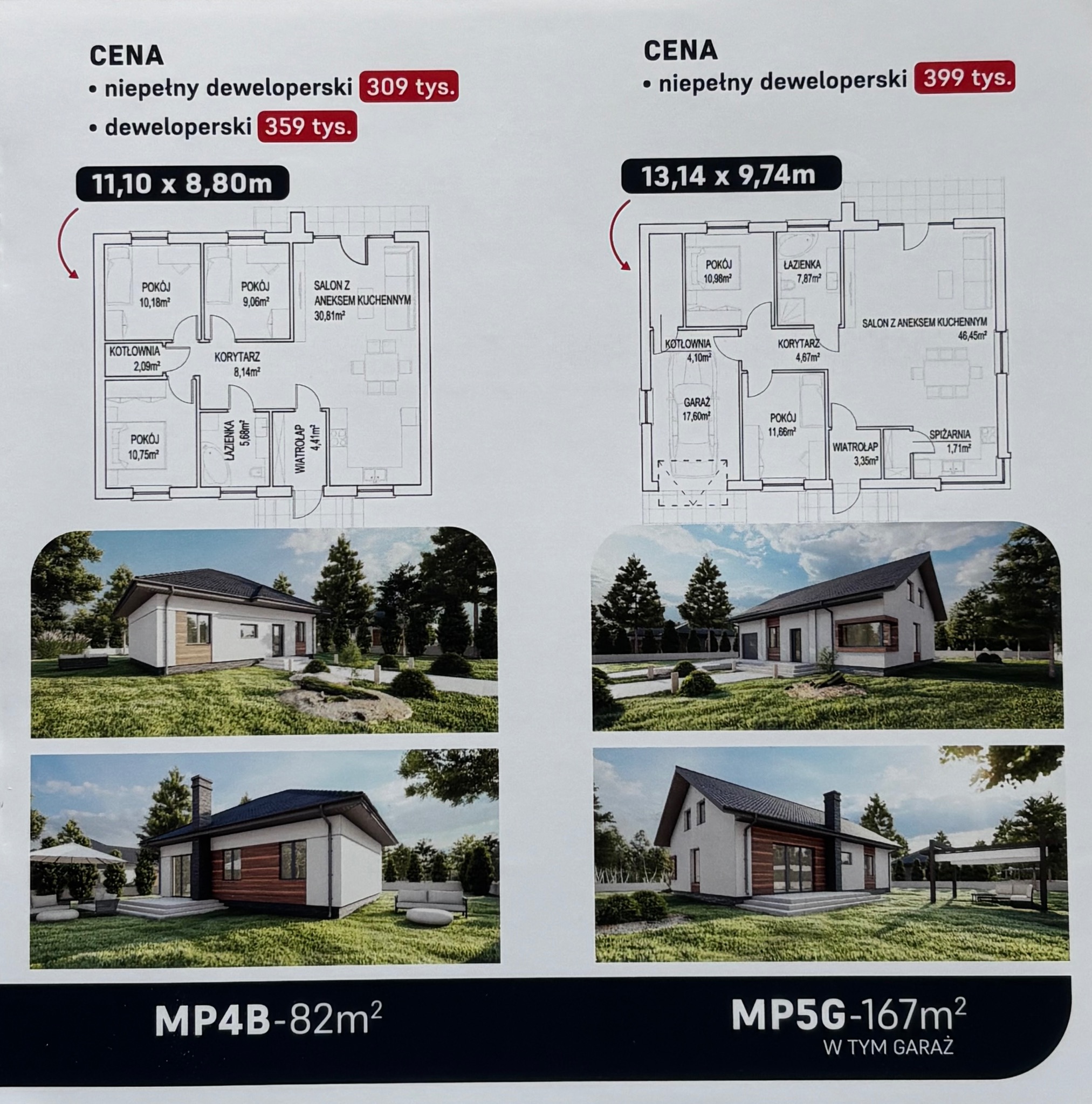 Porównanie wizualizacji dwóch projektów domów jednorodzinnych z Tczewa: MP4B o powierzchni 82m² oraz MP5G o powierzchni 167m² z garażem, wraz z rzutami pomieszczeń i cenami deweloperskimi.