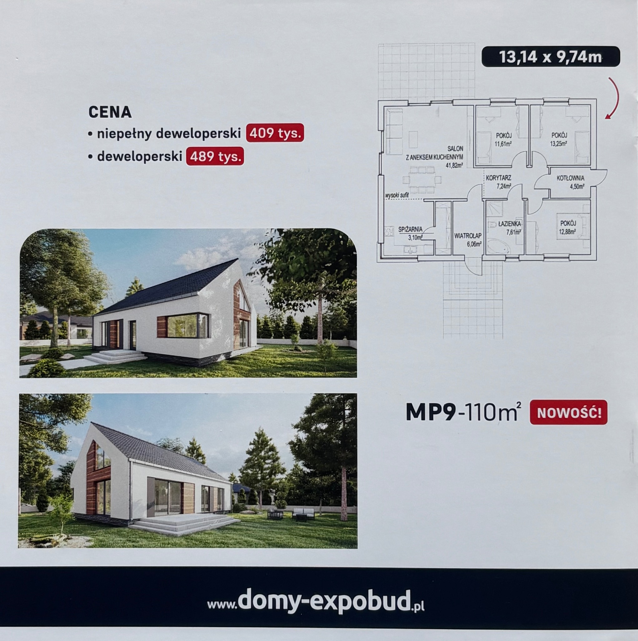 Projekt domu z dachem dwuspadowym i dużymi oknami, widok z zewnątrz na tle zielonego trawnika i drzew, obok rzut parteru z wymiarami pomieszczeń, cena deweloperska 489 tys. zł.