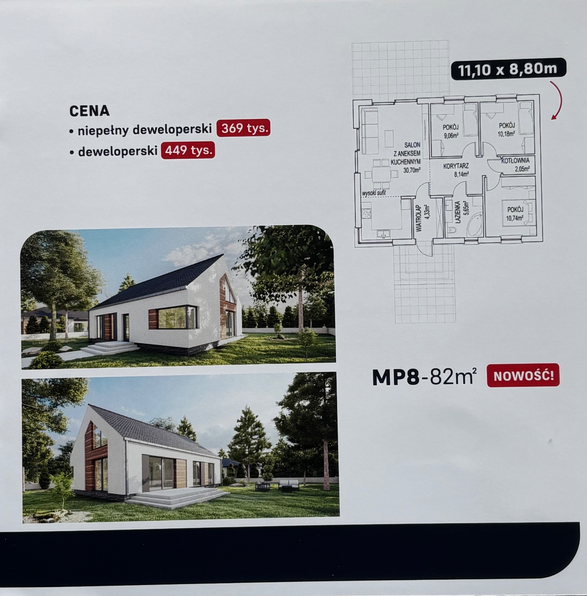 Katalog z wizualizacjami i planem nowoczesnego domu z białymi ścianami i drewnianymi elementami, z uwzględnieniem ceny i powierzchni.