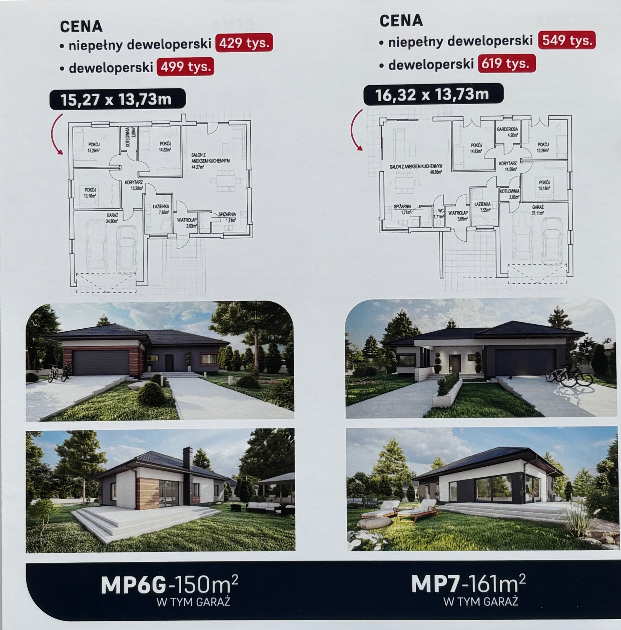 Porównanie wizualizacji dwóch parterowych domów z garażami, z planami pomieszczeń i cenami, umieszczone na jednym arkuszu.
