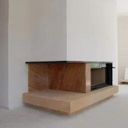 Nowoczesny kominek z obudową z piaskowca i czarnym blatem, w surowym wnętrzu z widocznymi śladami prac wykończeniowych.