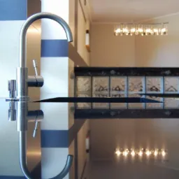 Błyszczący, czarny blat kamienny z nowoczesną, chromowaną baterią kuchenną i odbiciem sufitowej lampy kryształowej.