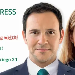 Reklama CA Express z uśmiechniętym mężczyzną w garniturze i kobietą, logo firmy, adres oddziału w Rzeszowie.