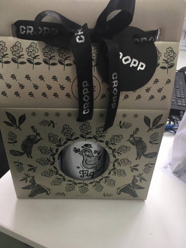 Ozdobne pudełko prezentowe z motywami zwierzęcymi i kwiatowymi, przewiązane czarną wstążką z logo 'Cropp', z widocznym kubkiem z rysunkiem ptaka w kapeluszu przez okienko.