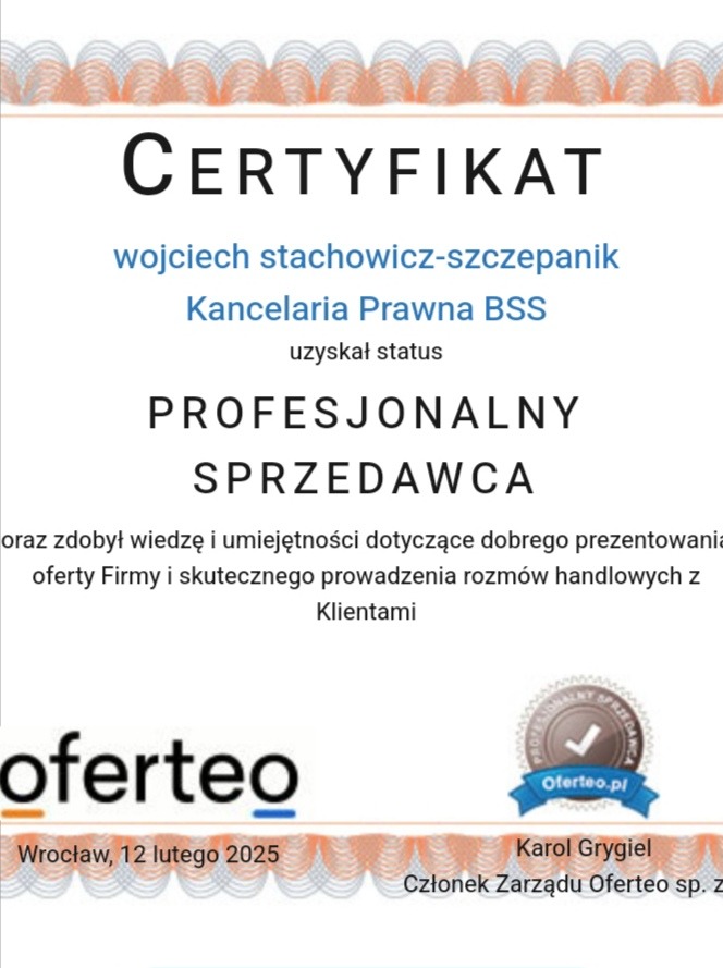 Certyfikat Profesjonalnego Sprzedawcy dla Kancelarii Prawnej BSS, wydany przez Oferteo, potwierdzający wiedzę i umiejętności w zakresie prezentacji oferty i prowadzenia rozmów handlowych z klientami.