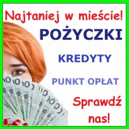 Kobieta z rudymi włosami trzyma wachlarz z banknotów 100 złotych, na białym tle napisy 'Pożyczki', 'Kredyty', 'Punkt opłat' i 'Sprawdź nas!'
