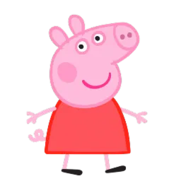 Ilustracja postaci Peppy Pig w różowej sukience, z uśmiechem i charakterystycznym profilem głowy.