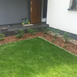 Świeżo założony trawnik z rolki przed domem, obrzeża wykończone korą i kamieniami, na schodach wejściowych stoi dziecięcy rowerek biegowy.