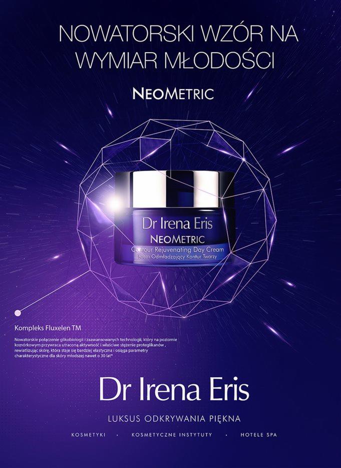 Grafika reklamowa kremu Dr Irena Eris Neometric Contour Rejuvenating Day Cream z motywem geometrycznym i hasłem 'Nowatorski wzór na wymiar młodości' na fioletowo-granatowym tle.