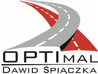 Logo firmy transportowej OPTIMAL Dawid Śpiączka z motywem drogi w kolorach szarym i czerwonym.