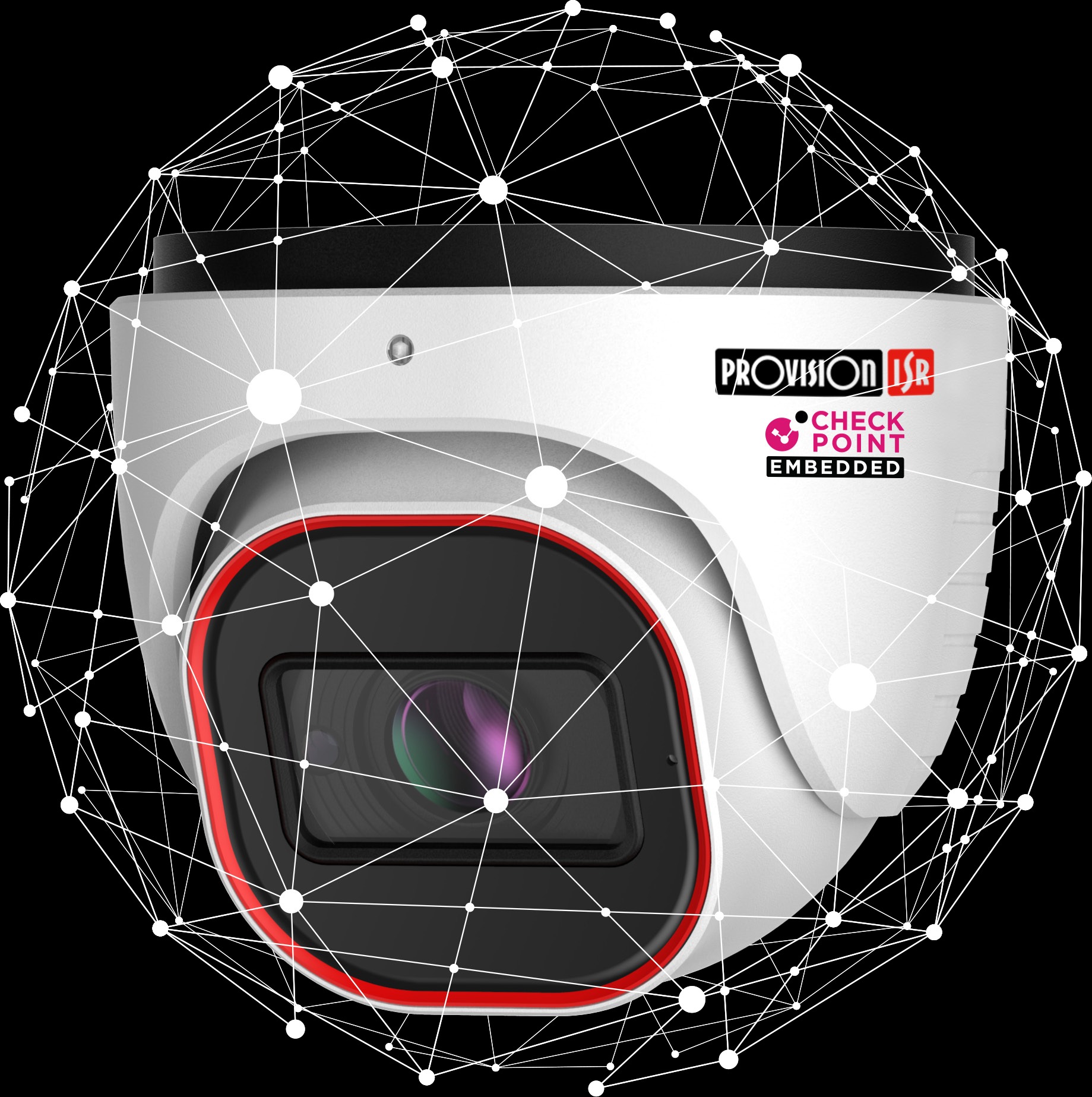 Kamera monitoringu Provision ISR z czerwonym akcentem, otoczona białą siatką połączeń na czarnym tle. Widoczne logo Check Point Embedded.