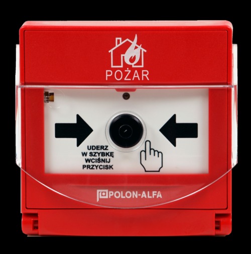 Czerwony, natynkowy ręczny ostrzegacz pożarowy POLON-ALFA z instrukcją aktywacji: 'Uderz w szybkę, wciśnij przycisk'. Strzałki wskazują na centralny punkt.