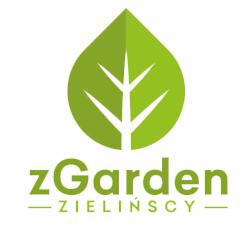 Logo firmy zGarden: stylizowany zielony liść z białymi żyłkami nad nazwą firmy 'zGarden' w zielonej czcionce, pod którą znajduje się mniejszy napis 'ZIELIŃSCY'.