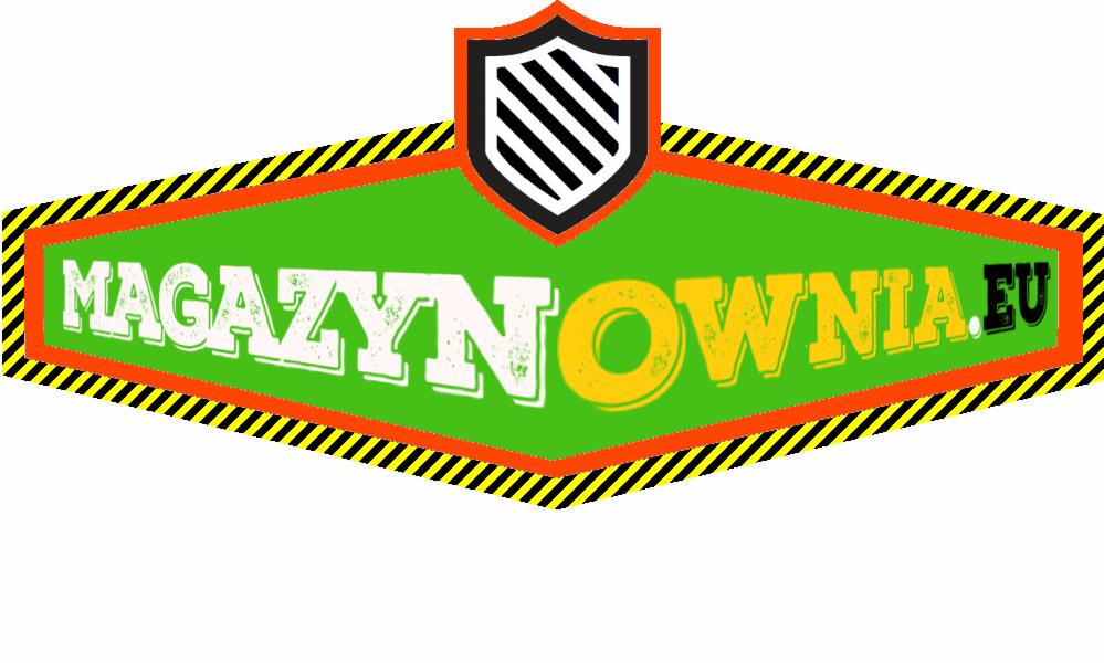 Logo firmy Magazynownia.eu na zielonym tle z czarno-żółtymi paskami ostrzegawczymi i tarczą ochronną w górnej części.