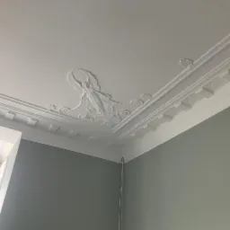 Biały sufit z dekoracyjnymi sztukateriami przedstawiającymi motywy roślinne i postać kobiecą, szaro-zielone ściany, w rogu widoczny fragment okna.