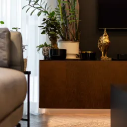 Nowoczesna komoda z ciemnego drewna z roślinami doniczkowymi i złotą figurką koguta, na parkiecie ułożonym w jodełkę, w tle zasłony i telewizor.
