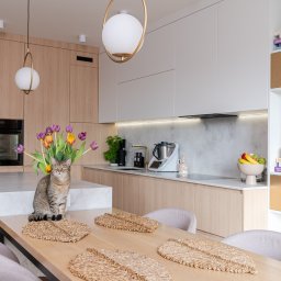 FURSTA Meble Wojciech Ziembla - Jasna kuchnia z drewnianymi i białymi szafkami, wyspą i kotem siedzącym na stole. Nowoczesne oświetlenie i dekoracje.