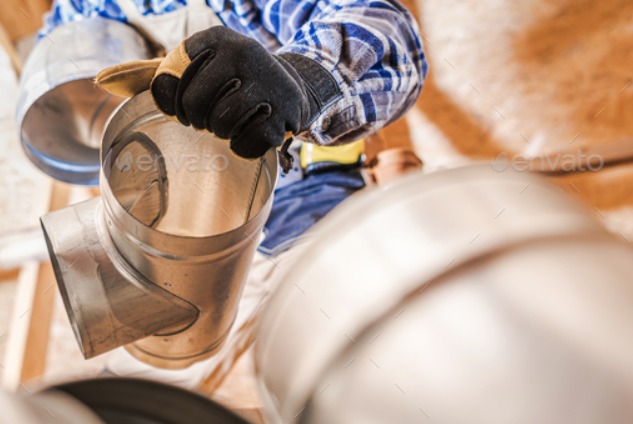 Instalator w rękawicach roboczych łączy metalowe elementy kanału wentylacyjnego w trakcie montażu, widok z góry.