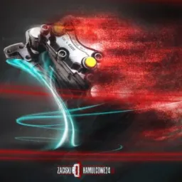 Grafika reklamowa: regeneracja zacisków hamulcowych KOBALT z użyciem magnetycznej precyzji, z efektem rozmycia i neonowymi akcentami na czarnym tle.