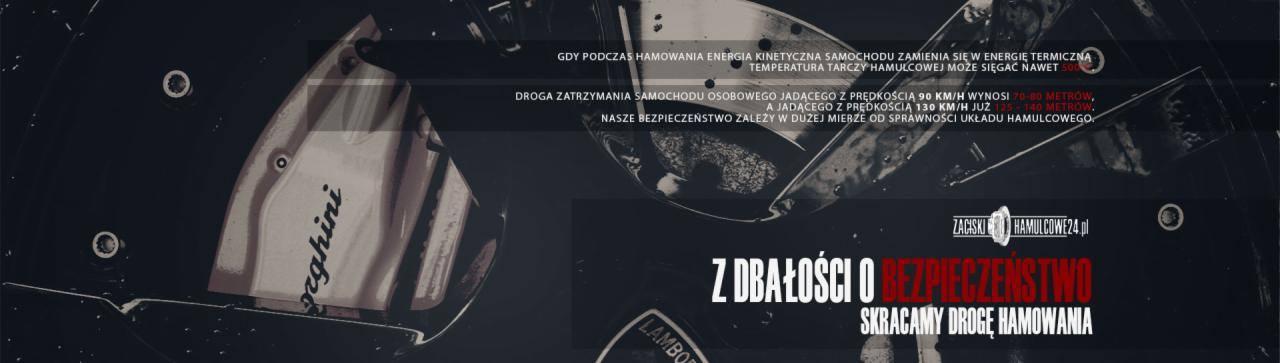 Grafika informacyjna z Otwocka dotycząca bezpieczeństwa hamowania, prezentująca fragmenty tarcz hamulcowych i dane dotyczące drogi hamowania. Widoczne logo Lamborghini i adres strony internetowej.