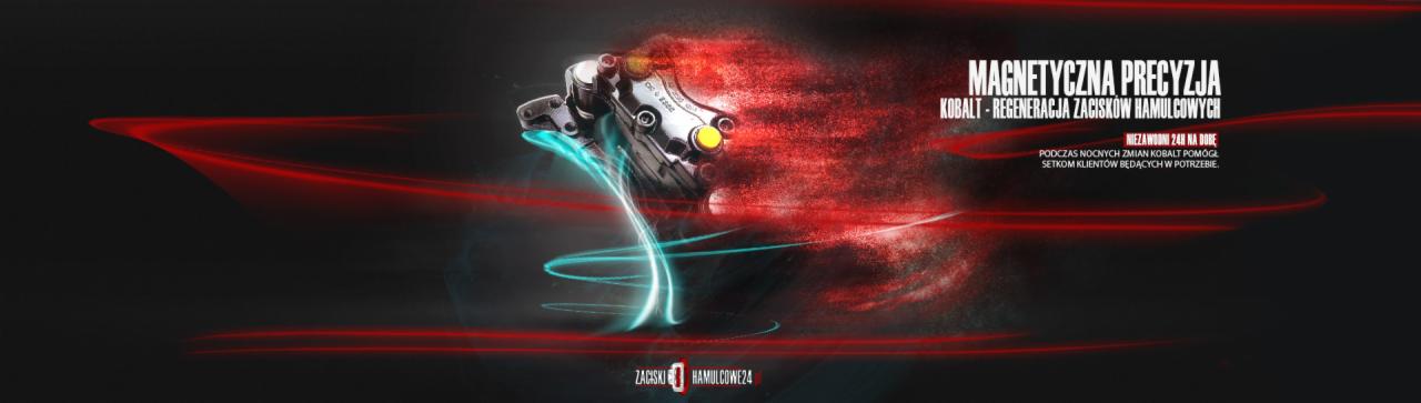 Grafika reklamowa: regeneracja zacisków hamulcowych KOBALT z użyciem magnetycznej precyzji, z efektem rozmycia i neonowymi akcentami na czarnym tle.
