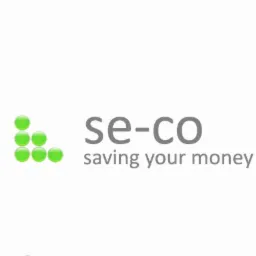 Szare logo firmy 'se-co' z hasłem 'saving your money' i zielonym symbolem z lewej strony, składającym się z sześciu okrągłych punktów ułożonych w kształcie litery L.